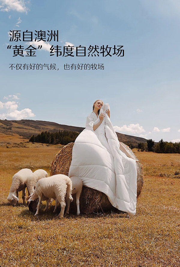 水星家纺阳光卷毛A类100%澳洲进口羊毛双人加厚冬被7.4斤200*230cm白