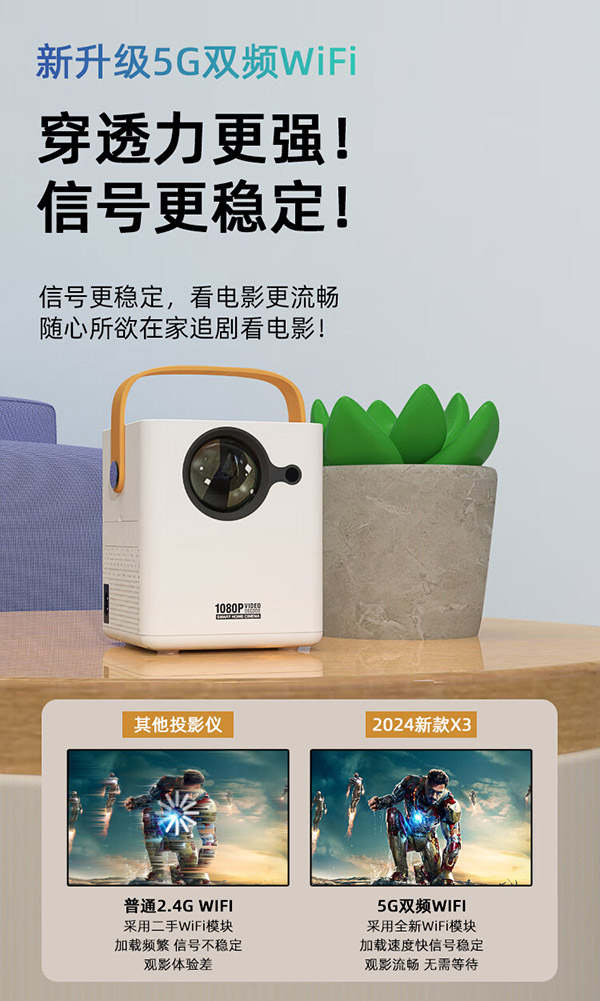 aet2024款X3手机投影仪家用高清投影机投屏办公超高清小型迷你便携卧室投影机家庭影院手机投屏 X3蓝牙语音版（64G大内存-侧投缩放-手机投屏）