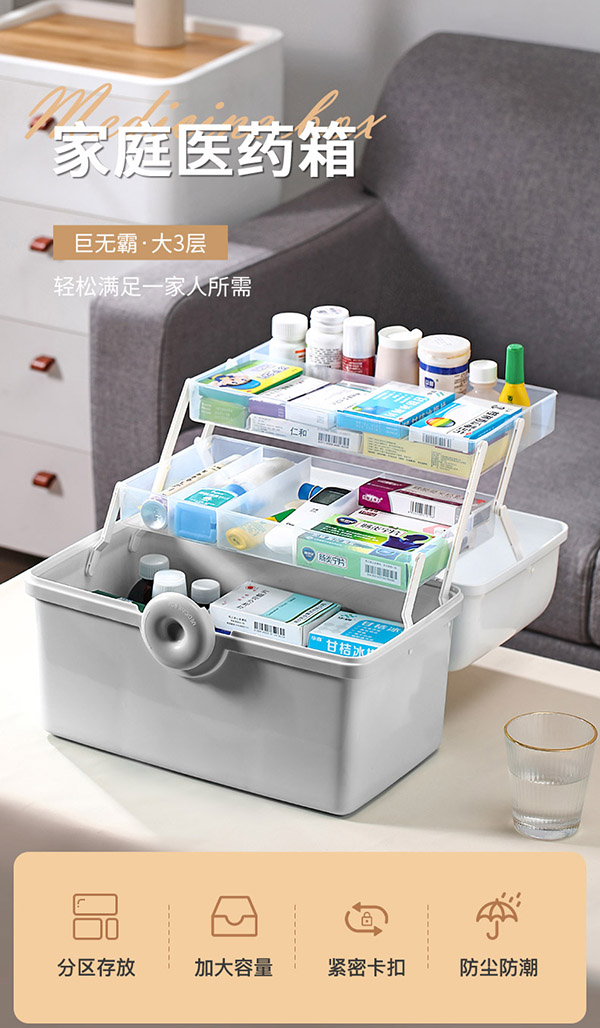 JEKO&JEKO家用药箱子家庭药品收纳箱儿童小药箱药品收纳盒医药箱出诊箱灰色