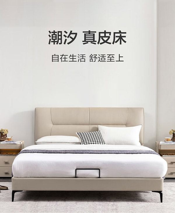 真皮床 头层牛皮高靠背床头纯实木床架 主卧双人床1.8×2米BL13