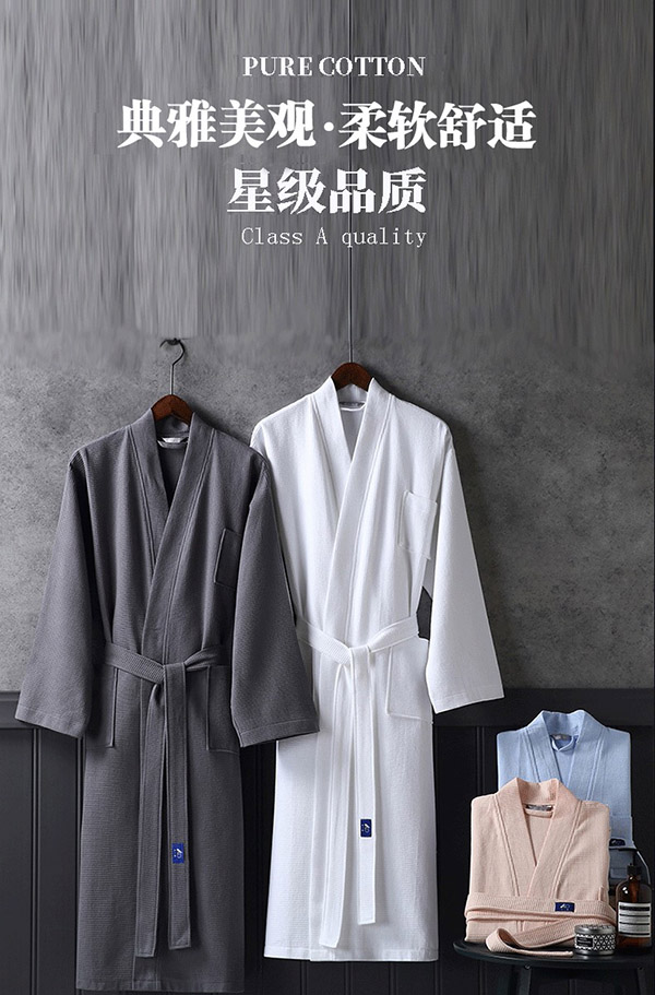 竹一百浴袍 纯棉吸水浴衣简约家居汗蒸服华夫格男女睡袍 灰色 L码