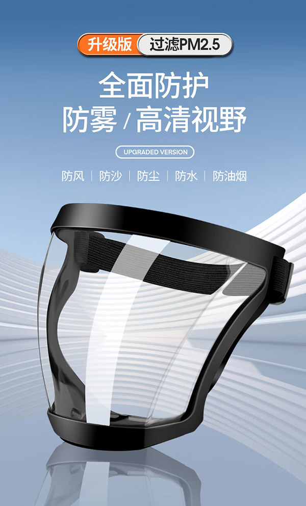 安达通 防护面罩 高透明防雾全面罩防水防尘骑行保护面屏 升级款黑色面罩1个送过滤棉2片