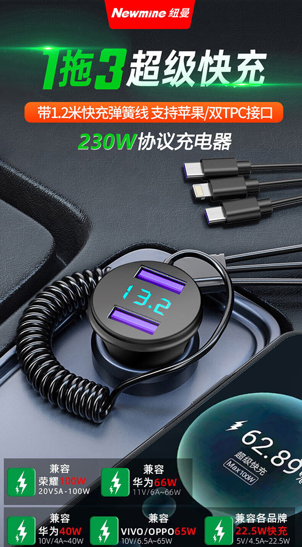 纽曼（Newmine）一拖三车载充电器快充 带线汽车充电器点烟器车充快充苹果PD华为