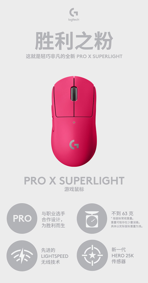 罗技（G）PRO X SUPERLIGHT无线游戏鼠标 GPW2狗屁王二代 轻量化63g 电竞鼠标 职业选手推荐 猛男粉 粉色