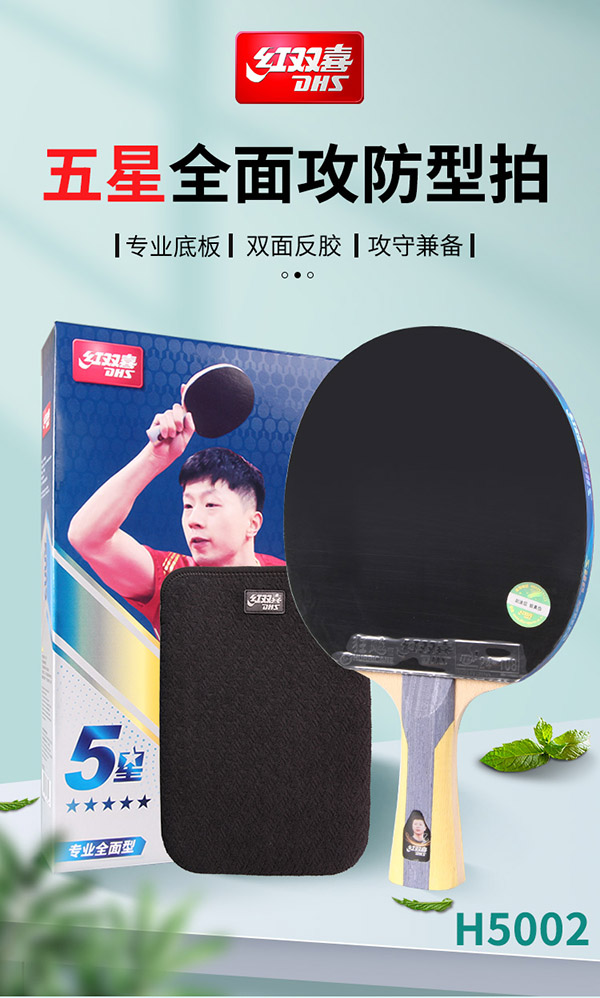 红双喜DHS狂飚五星乒乓球拍横拍反胶弧圈结合快攻H5002含拍包