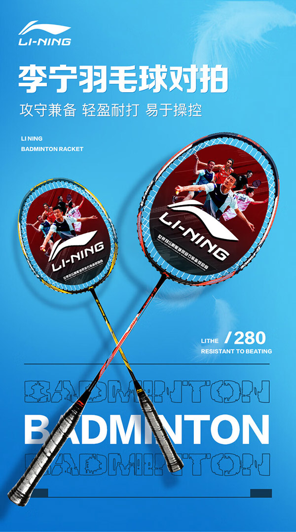李宁（LI-NING）羽毛球拍2支中杆碳素280碳复合对拍AYPP396（穿线含羽毛球手胶）