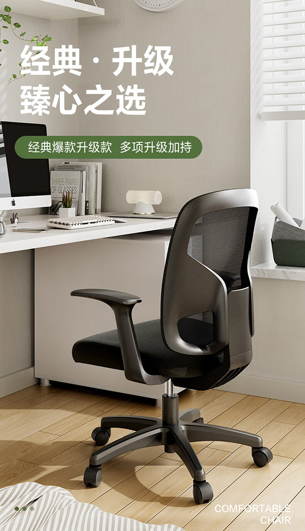 得力（deli）4900S 人体工学靠背办公椅/电脑椅/职员椅 家用网布可升降转椅 黑